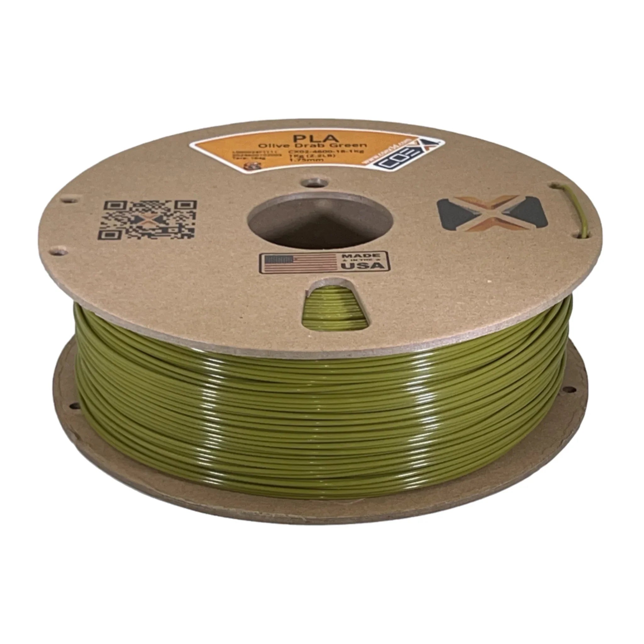 Olive drab green PLA 3D printer filament spool with Made in USA label