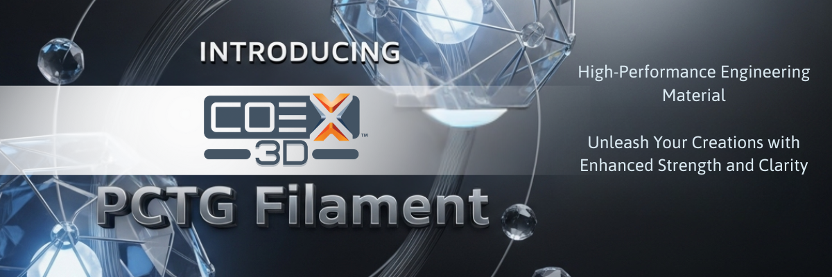Advertisement for COEX3D PCTG Filament highlighting high-performance engineering material.