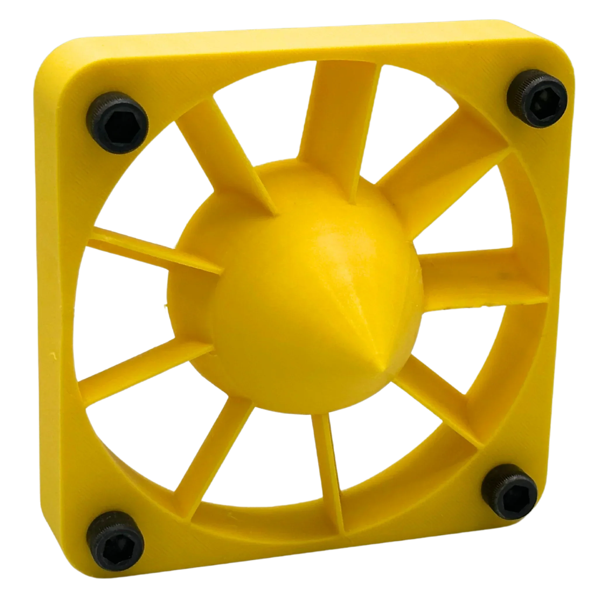 Yellow 3D printed PETG fan guard with banana-shaped spokes and four mounting screws
