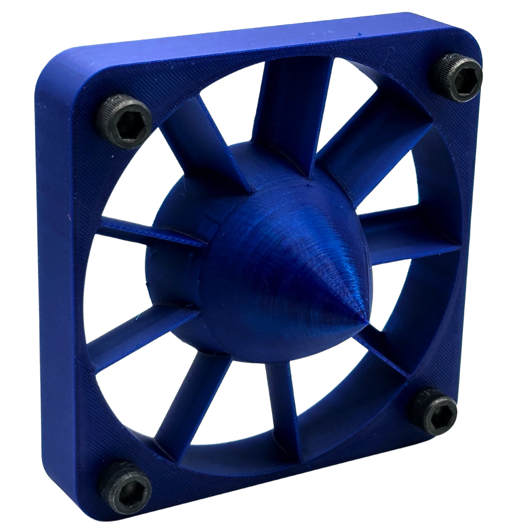 Blue PETG 3D printed fan grill with bolts and aerodynamic cone center