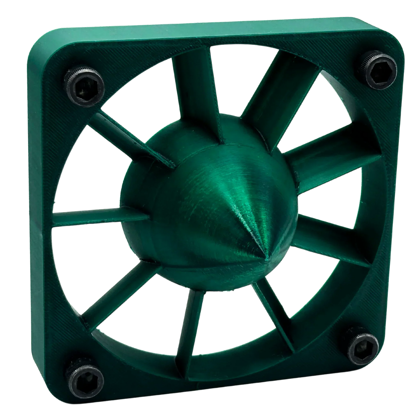 Green PETG 3D printed fan grill with conical center and radiating spokes