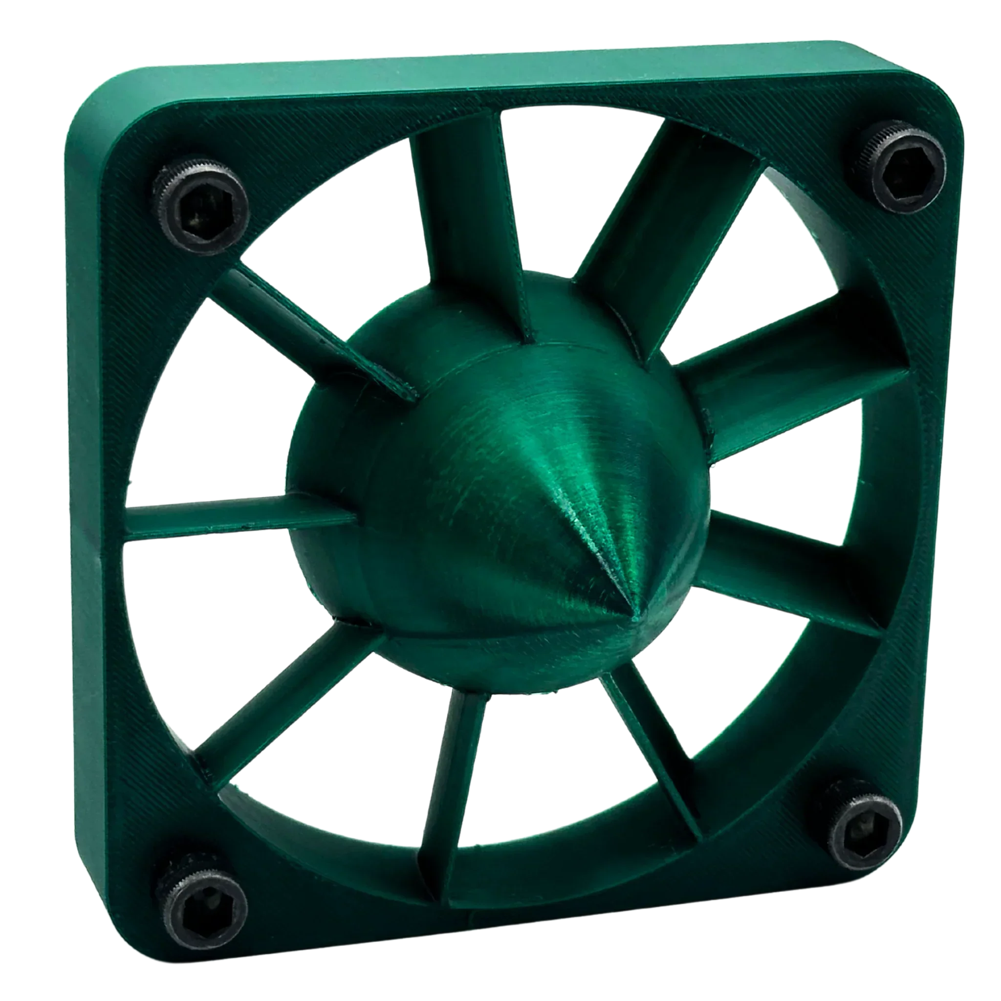 Green PETG 3D printed fan grill with conical center and radiating spokes