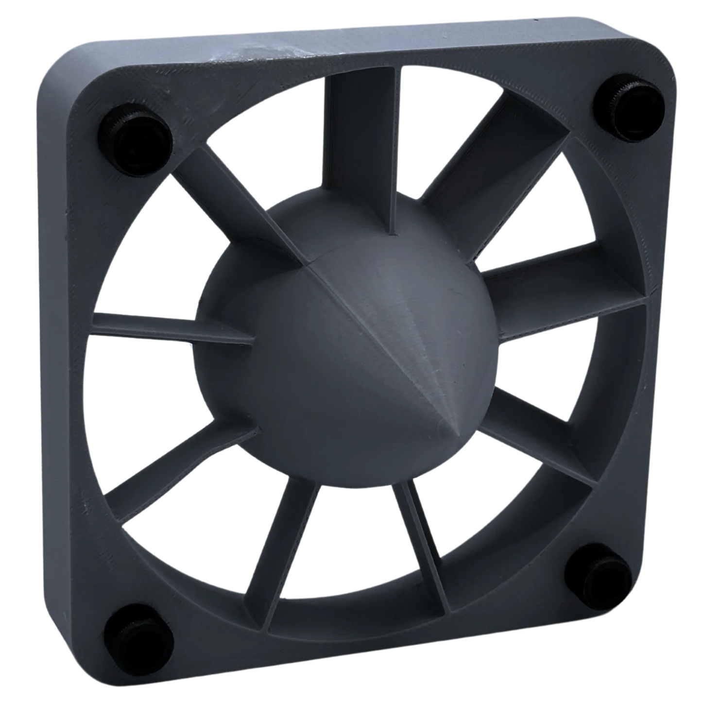 Gunmetal PETG 3D printed fan grill with geometric center and four screw holes