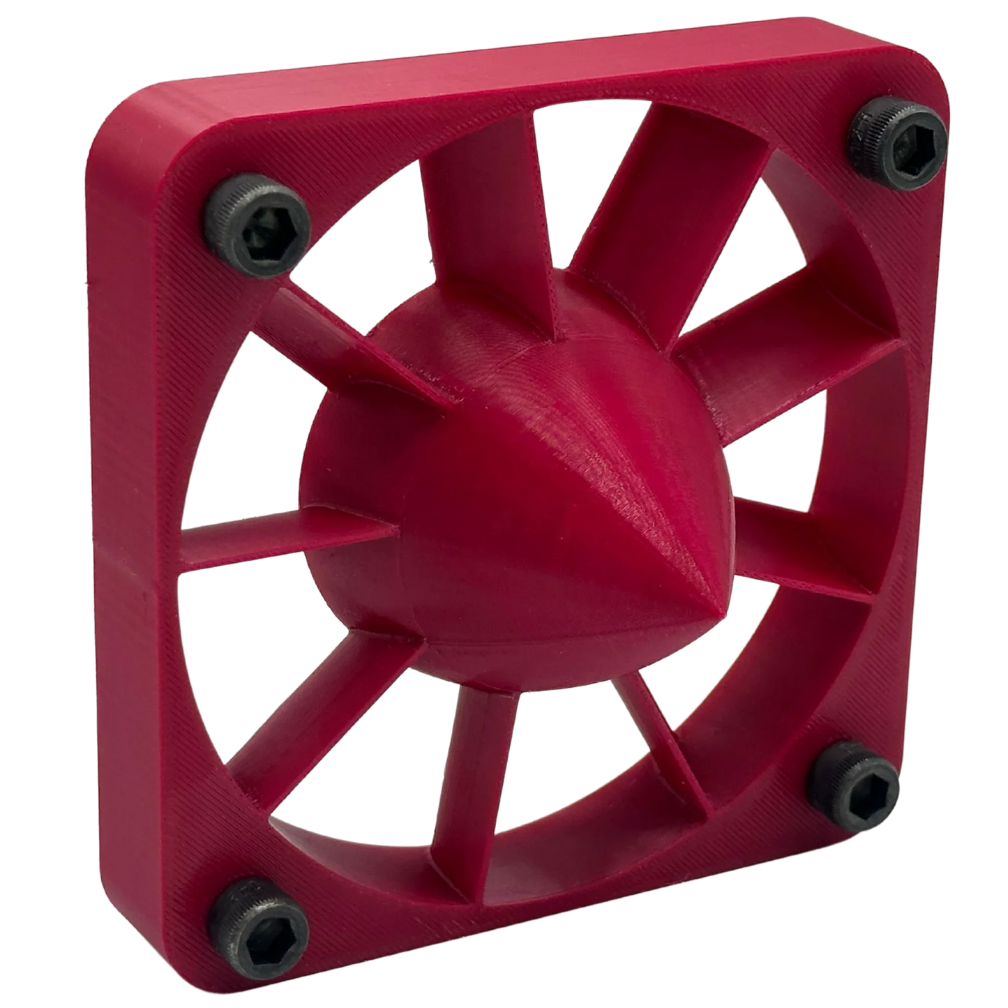Red 3D printed PETG fan duct part with conical center and mounting screws