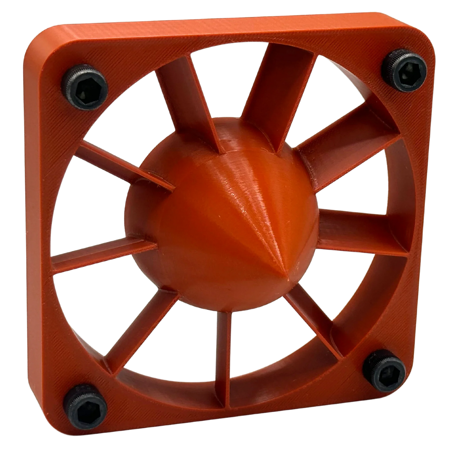 Rust-colored PETG 3D printed fan guard with hex screws