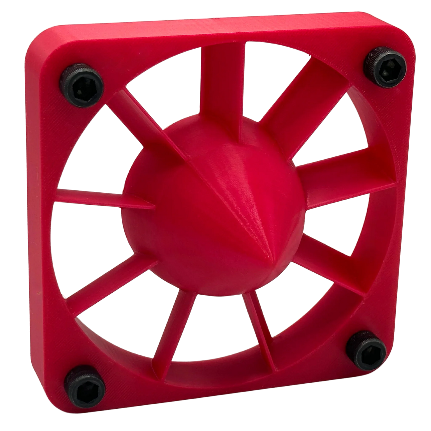 Red PETG 3D printed fan guard with screws, square frame, and radial support spokes