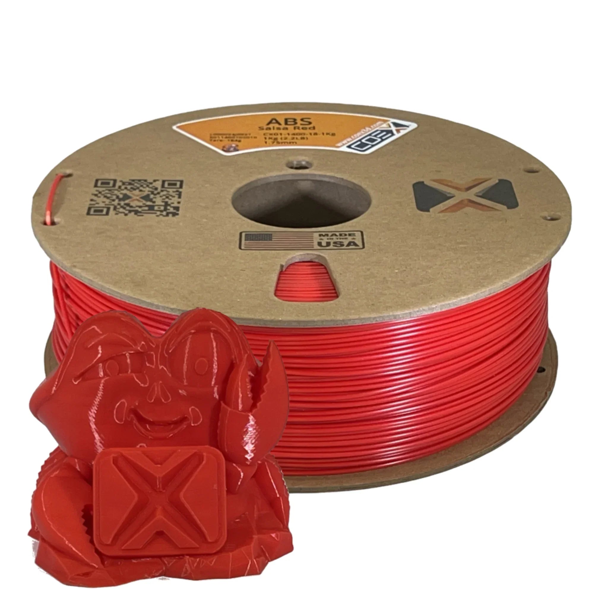 Salsa Red ABS 3D printer filament spool and red 3D printed crab figurine