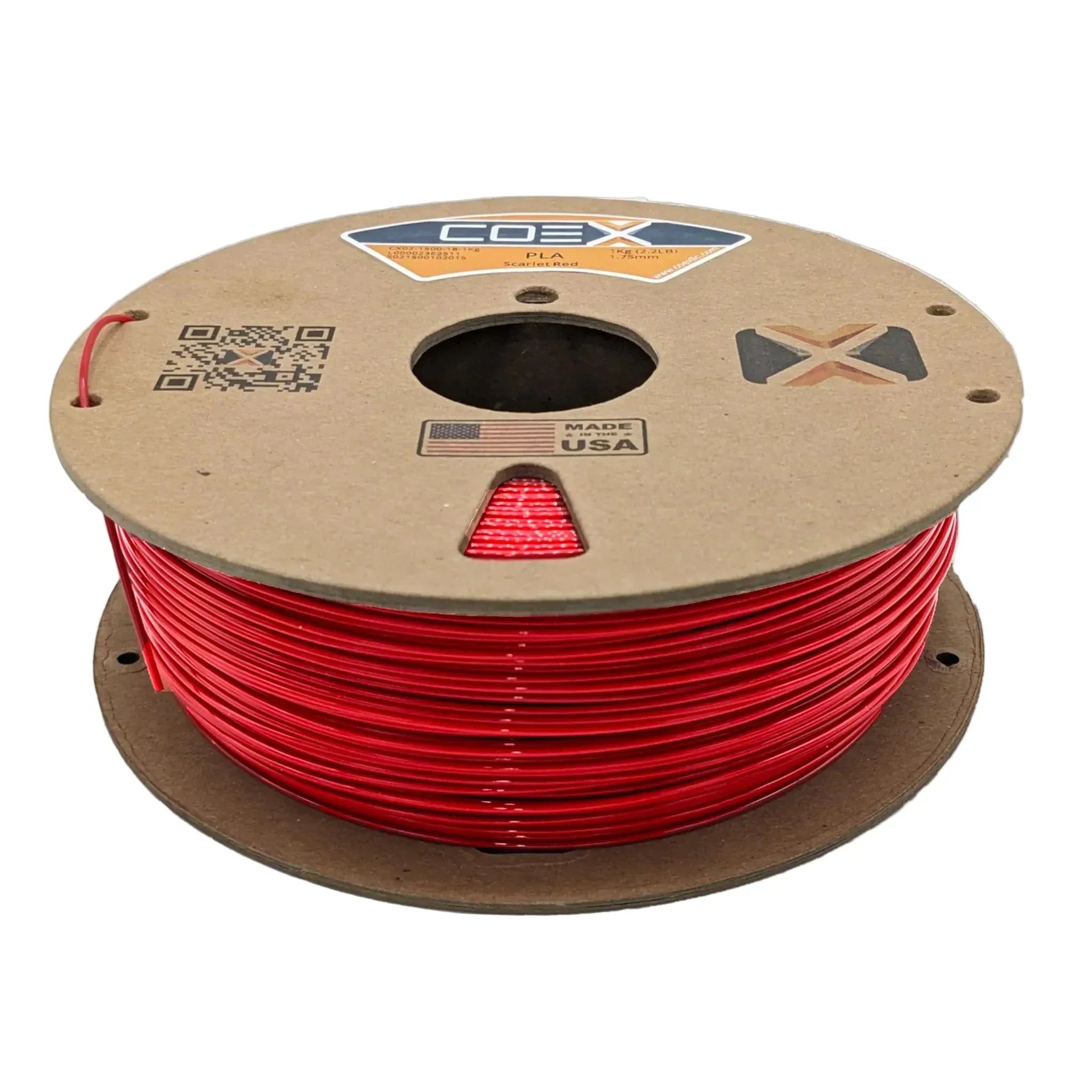 Scarlet red PLA filament spool for 3D printing with cardboard reel, COEX3D branding
