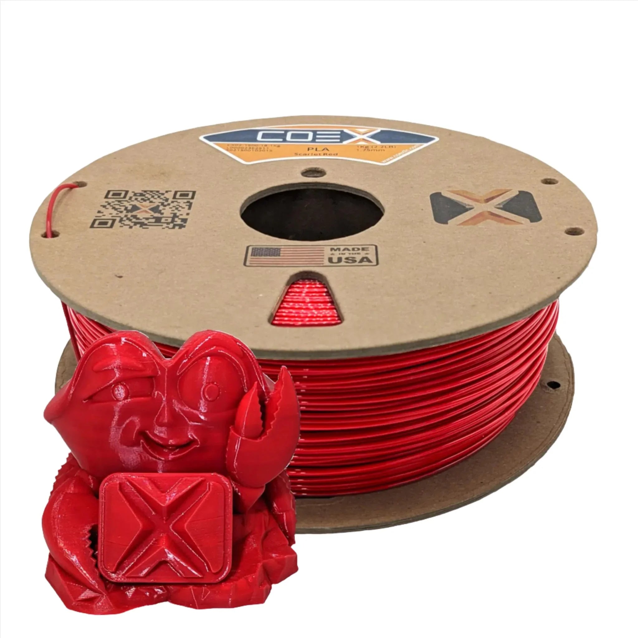 Scarlet red PLA 3D printer filament spool with a red crab figurine, COEX3D brand