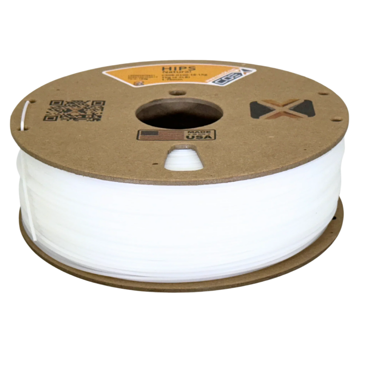 Spool of white HIPS 3D printer filament on a cardboard reel, Made in USA