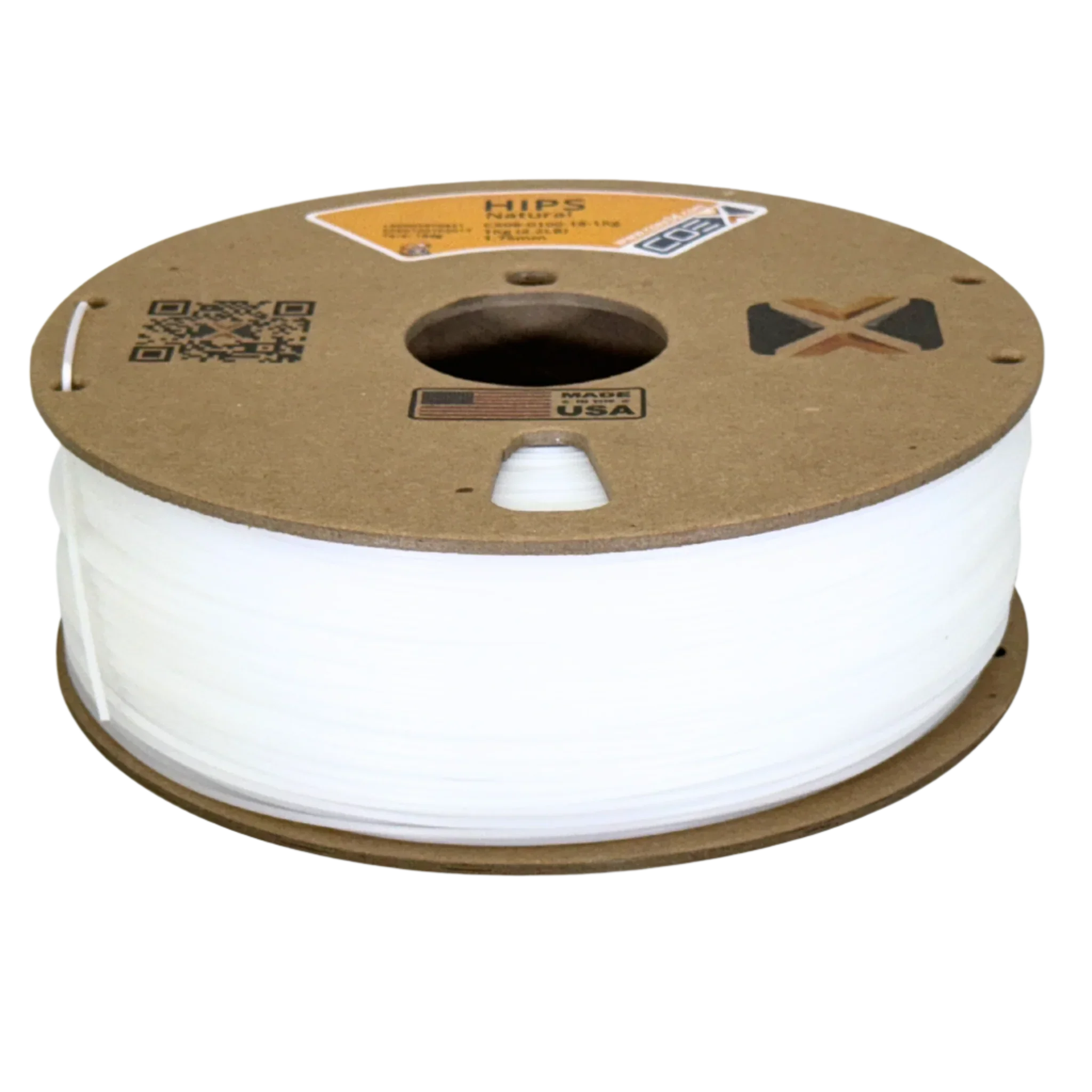 Spool of white HIPS 3D printer filament on a cardboard reel, Made in USA