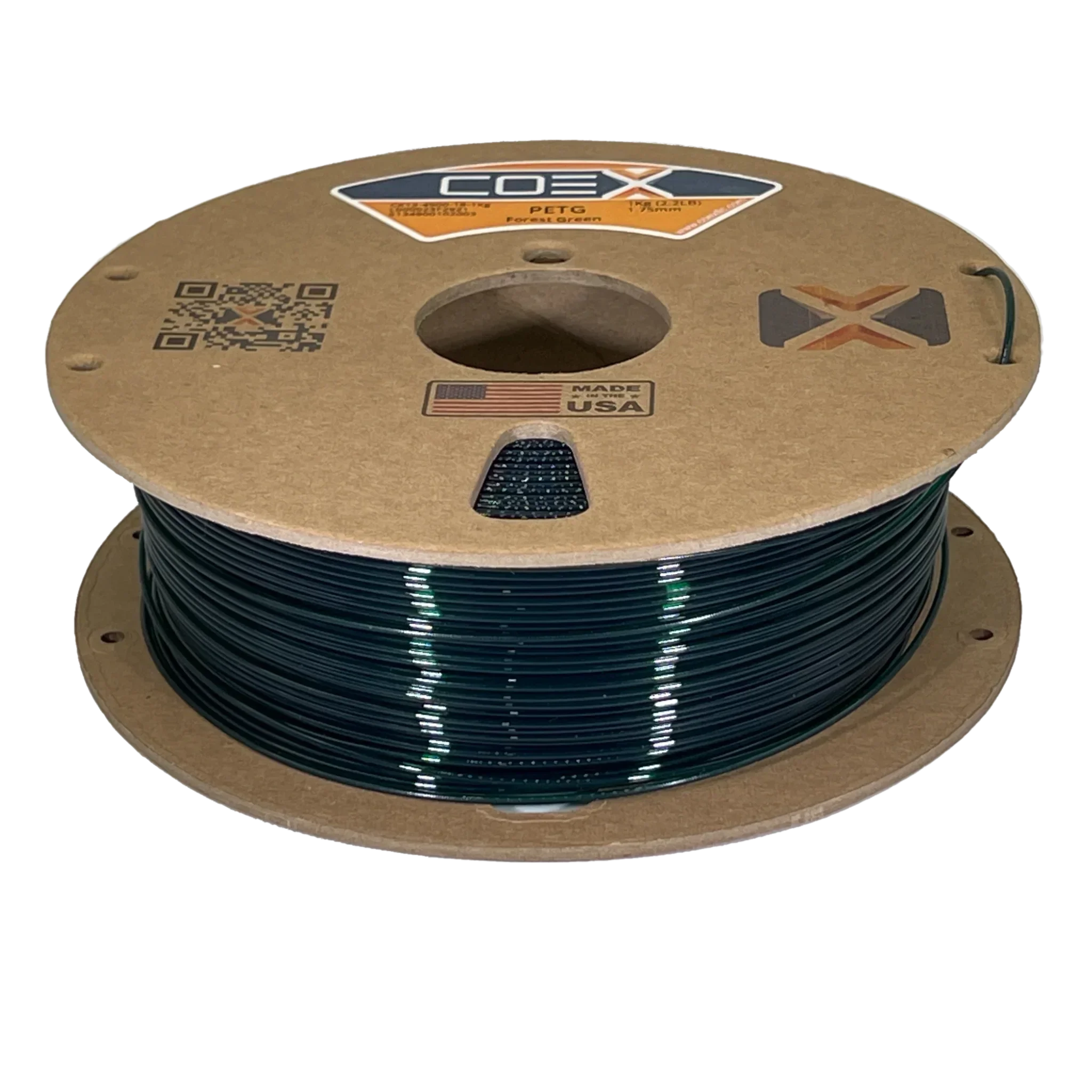 Coex PETG Forest Green 3D printer filament spool made in USA on brown cardboard reel