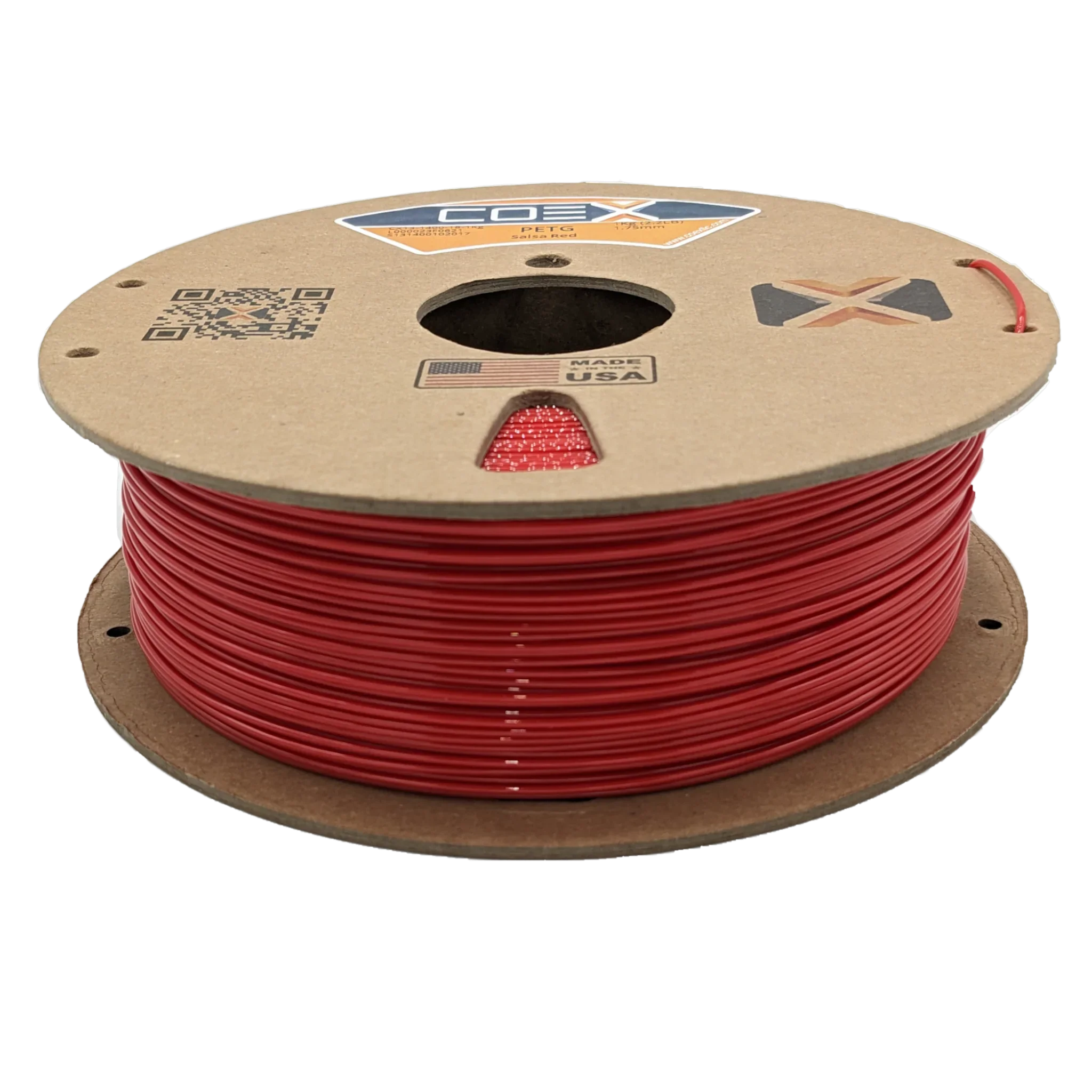 COBX red PETG 3D printer filament spool with cardboard reel, Made in USA label