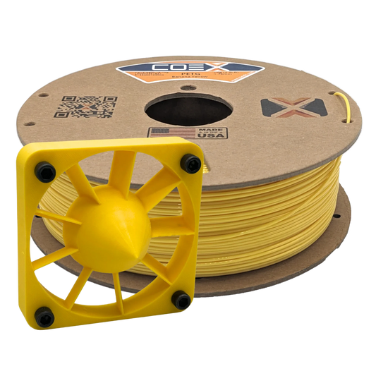 COEX PETG Banana Yellow 3D printer filament spool with a yellow 3D printed part