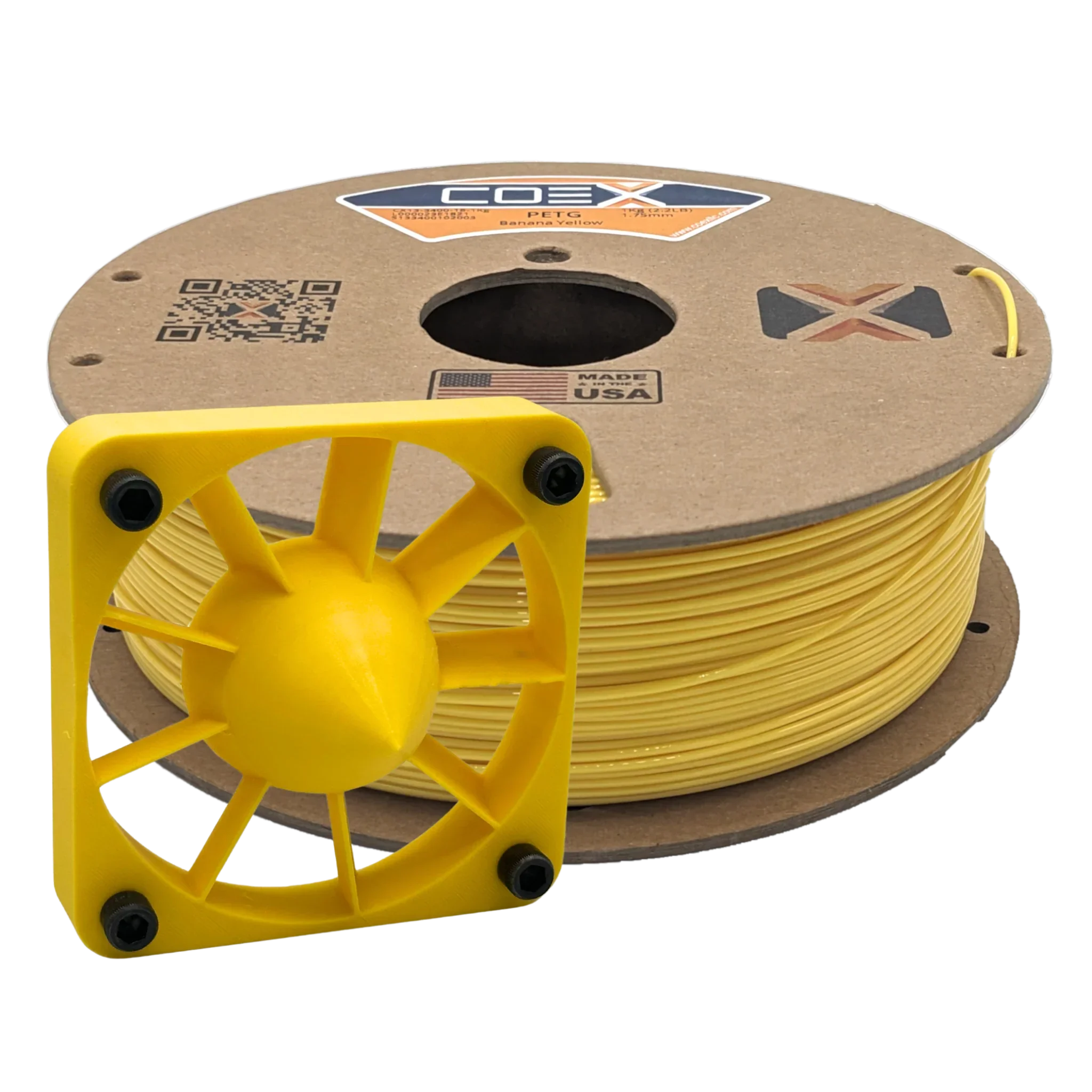 COEX PETG Banana Yellow 3D printer filament spool with a yellow 3D printed part