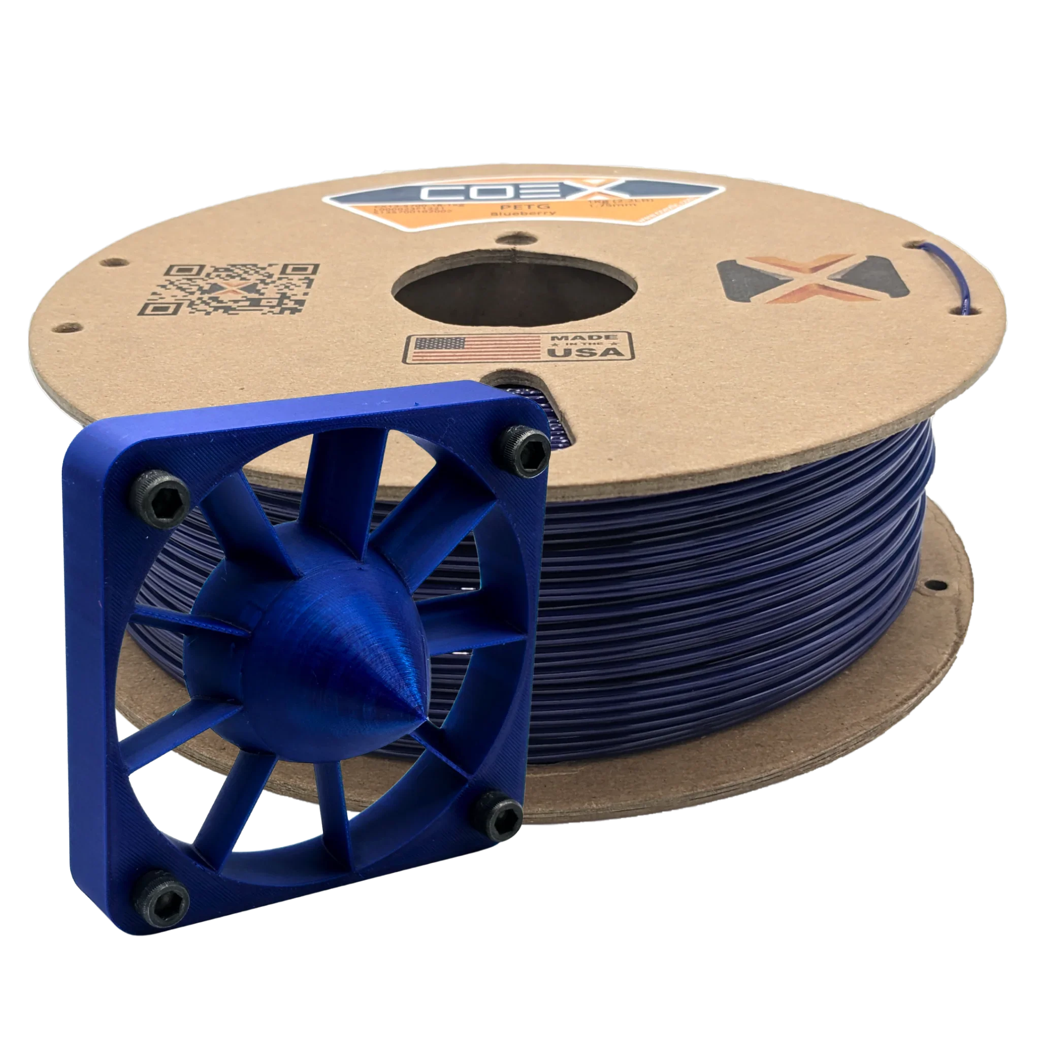 Spool of PETG blueberry 3D printer filament with a blue 3D printed part