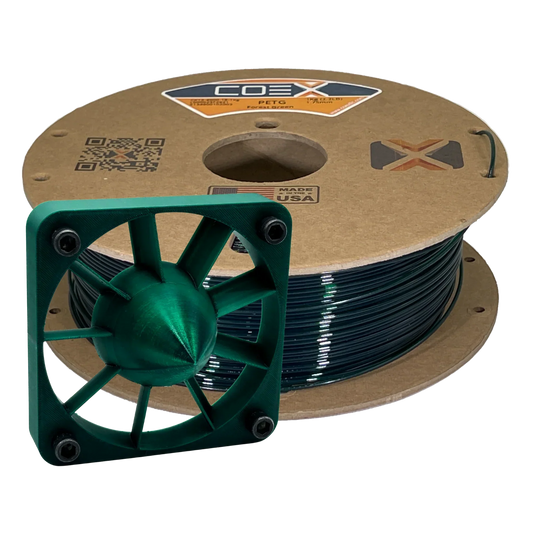 COEX PETG Forest Green 3D printer filament spool with printed green fan part