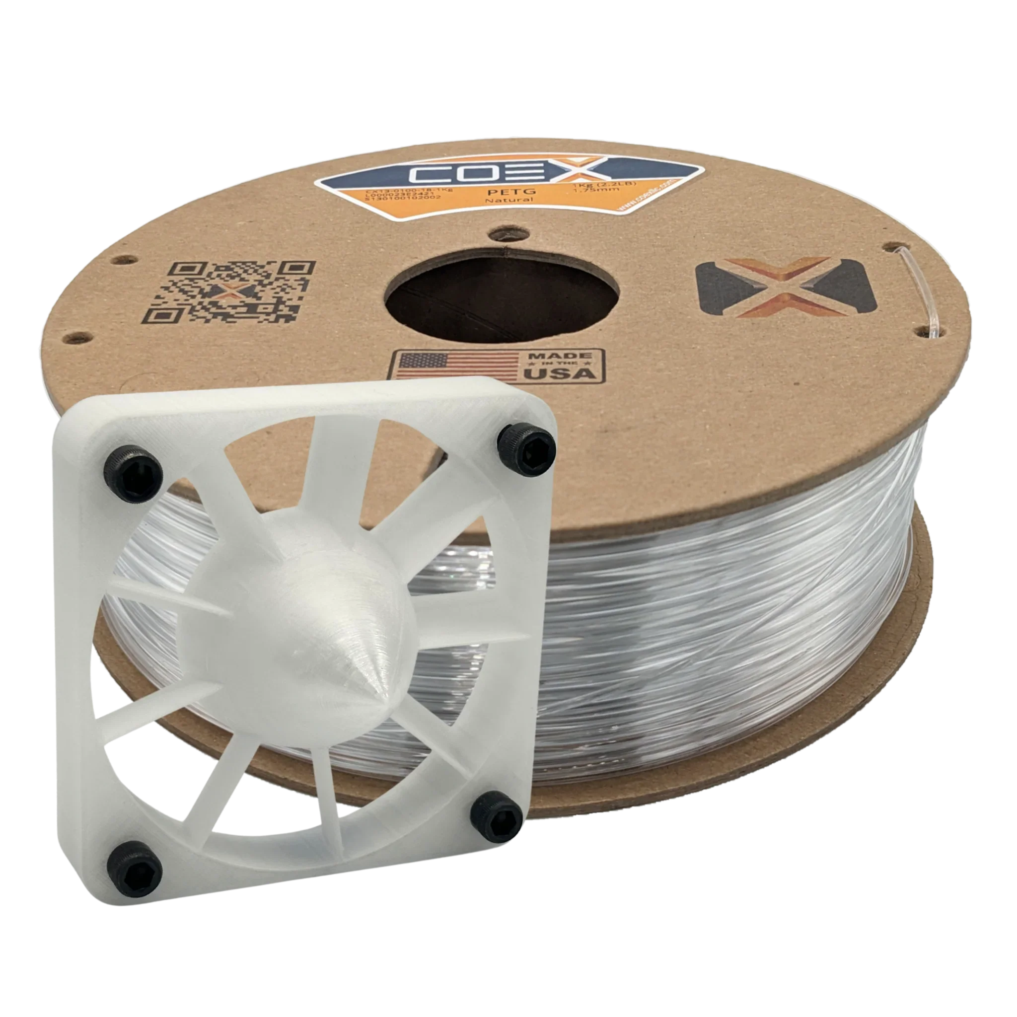 Clear PETG 3D printer filament spool with printed white fan part, Made in USA
