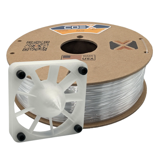 Clear PETG 3D printer filament spool with printed white fan part, Made in USA