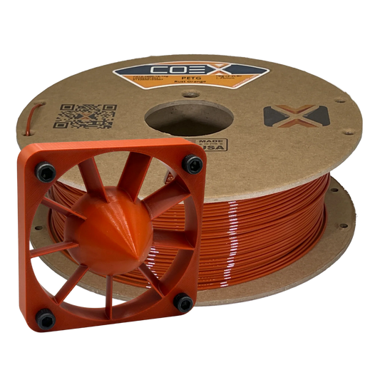 Rust orange PETG 3D printer filament spool with printed fan model by COEX