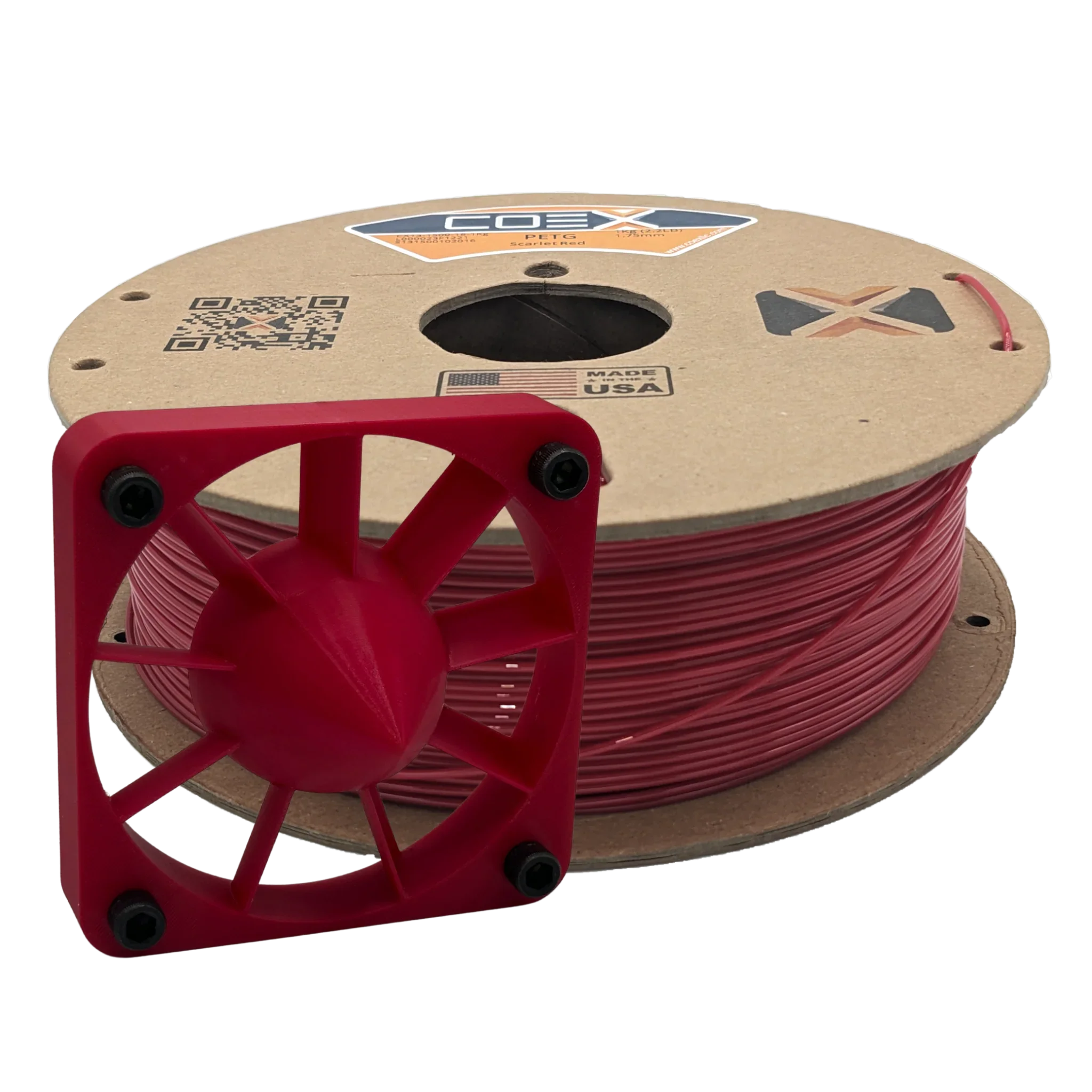 Spool of scarlet PETG 3D printer filament with a red 3D printed part in front