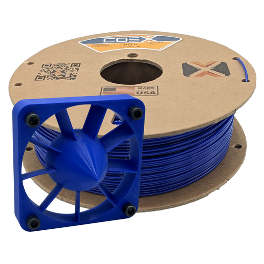 Cobalt blue PETG 3D printer filament spool with 3D-printed fan part, COEX USA label