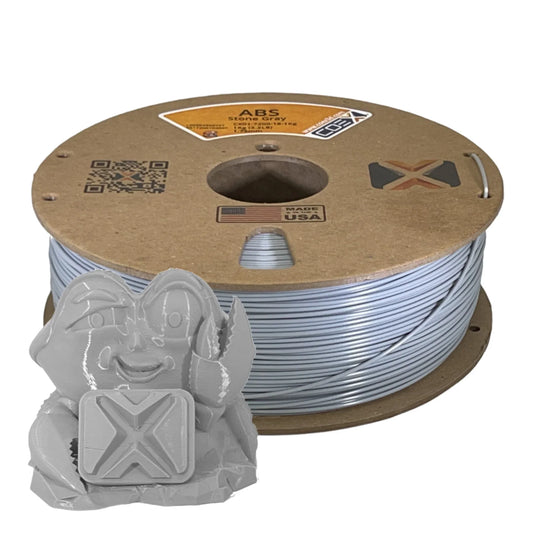 Stone gray ABS 3D printer filament spool with a gray 3D printed figure, made in USA