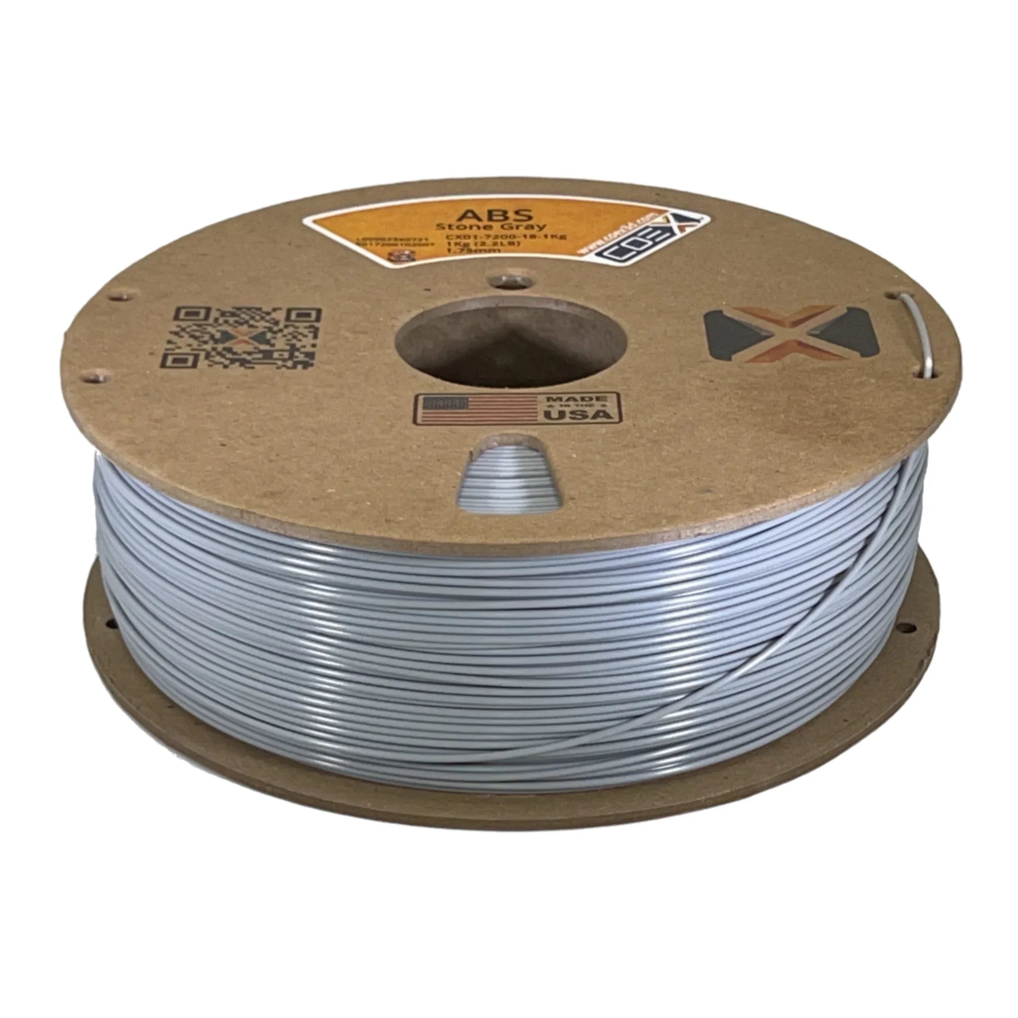 Stone gray ABS 3D printer filament spool, labeled and made in USA.