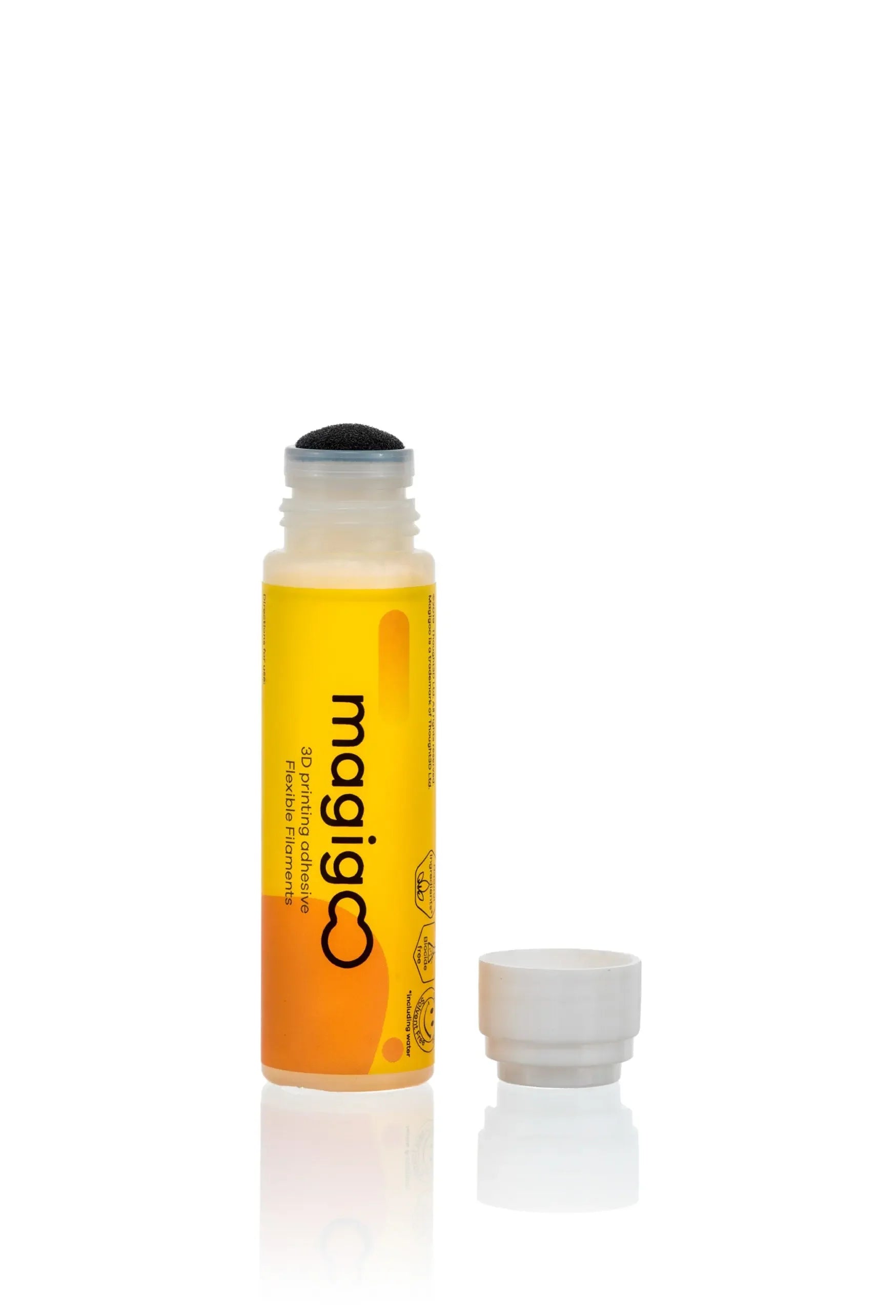 Magigoo 3D printing adhesive bottle for flexible filaments with open cap on white background