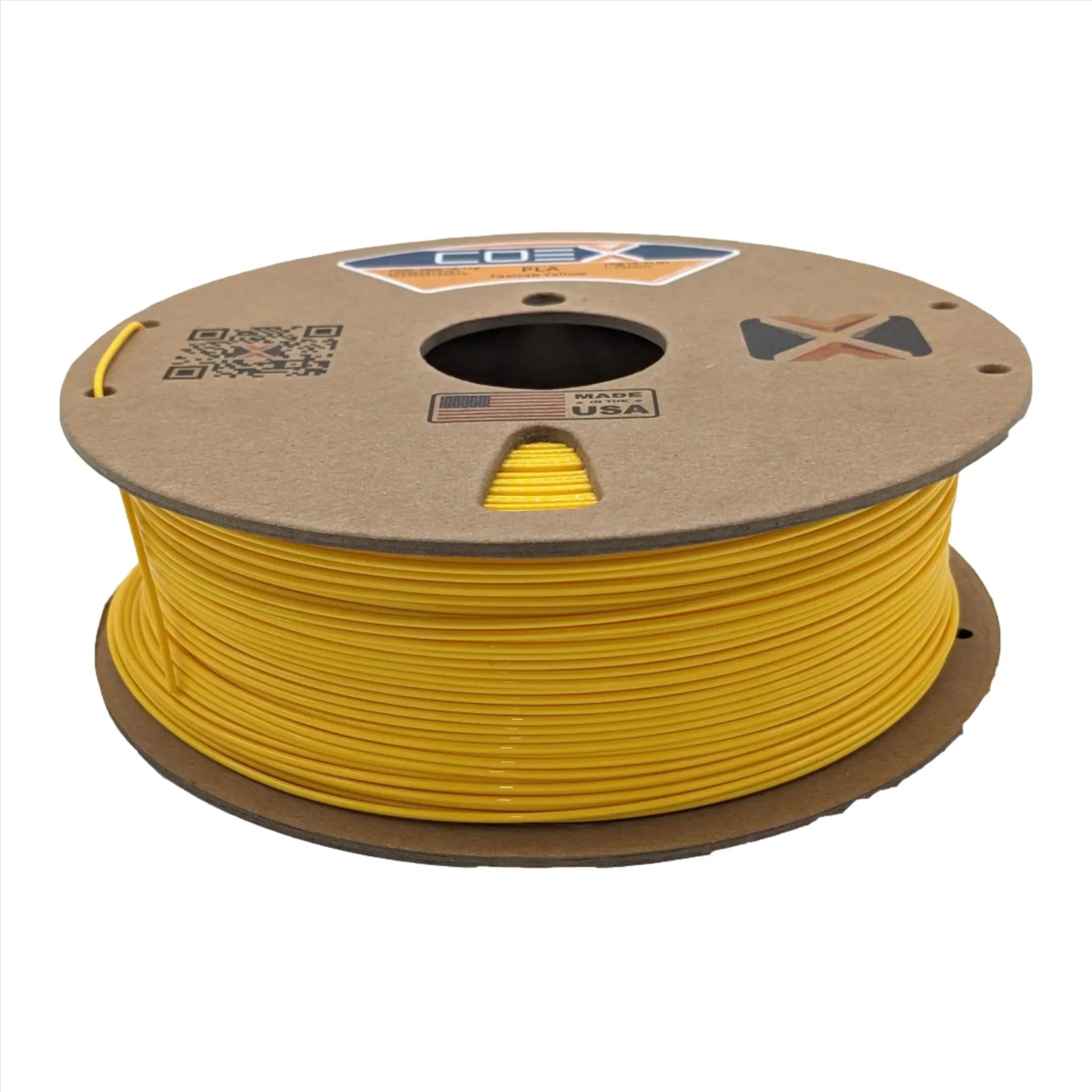 Taxicab yellow PLA 3D printer filament spool with cardboard reel on white background
