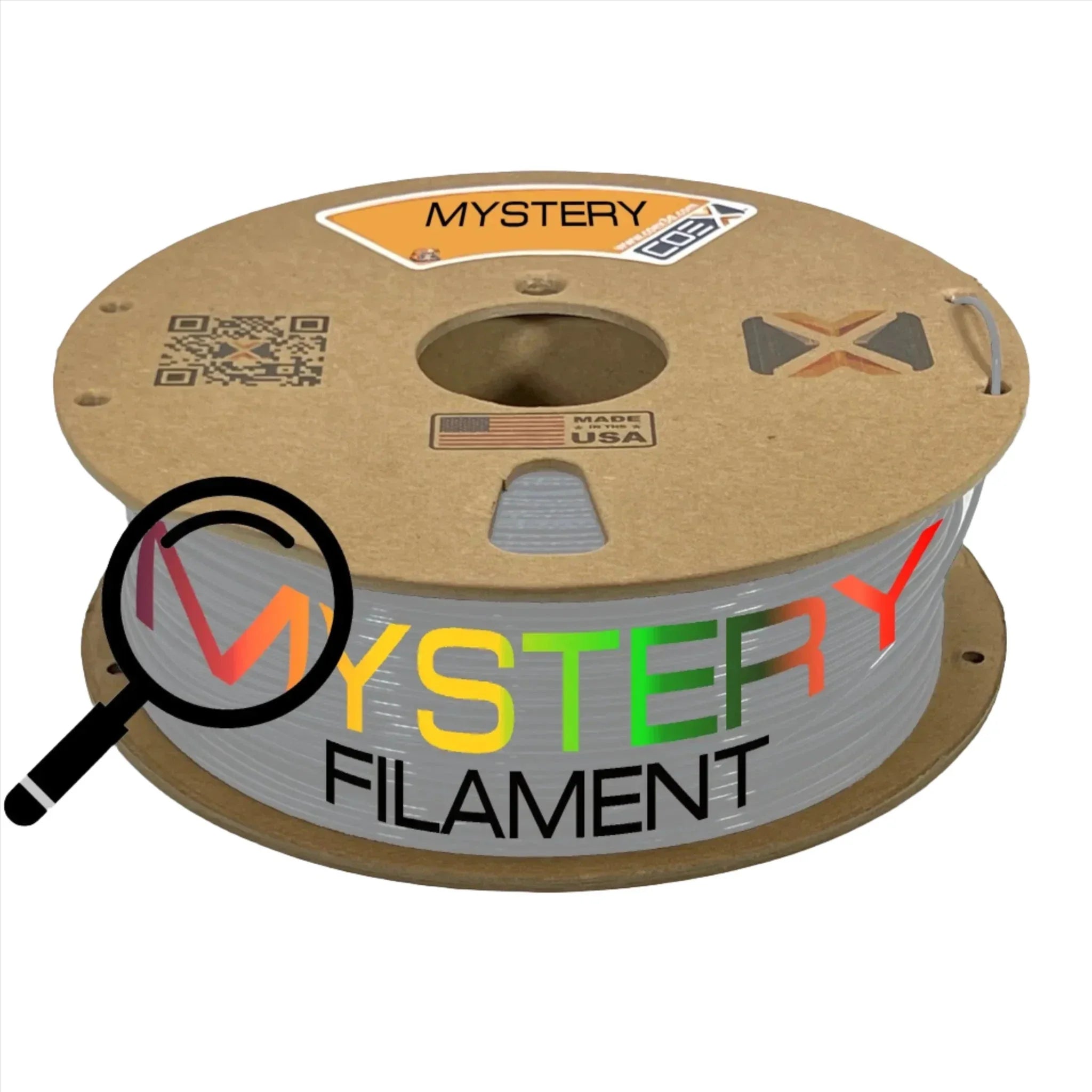 Mystery color 3D printer filament spool with cardboard reel and multicolor logo