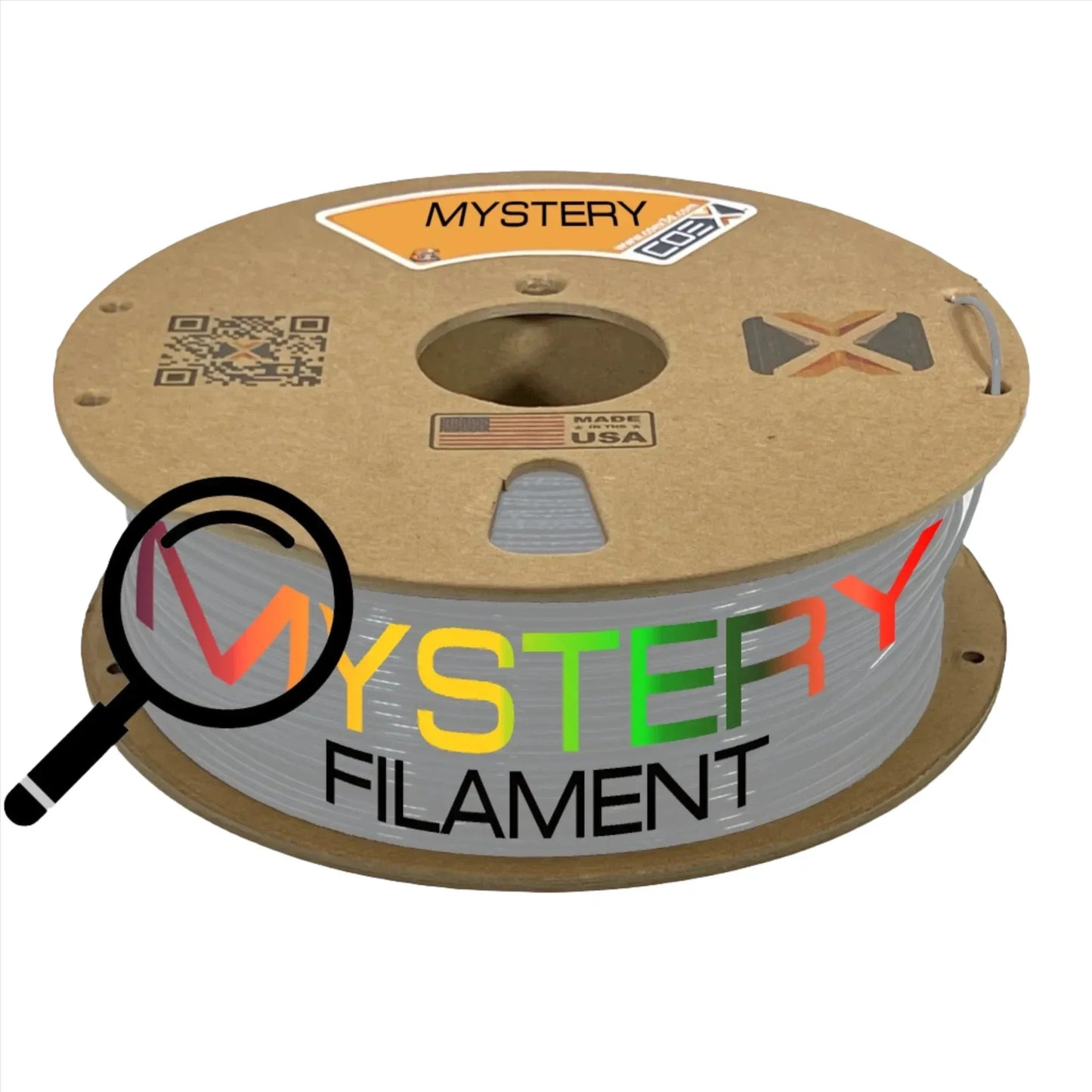 Mystery color-coex 3D printer filament spool with multicolor text and Made in USA label