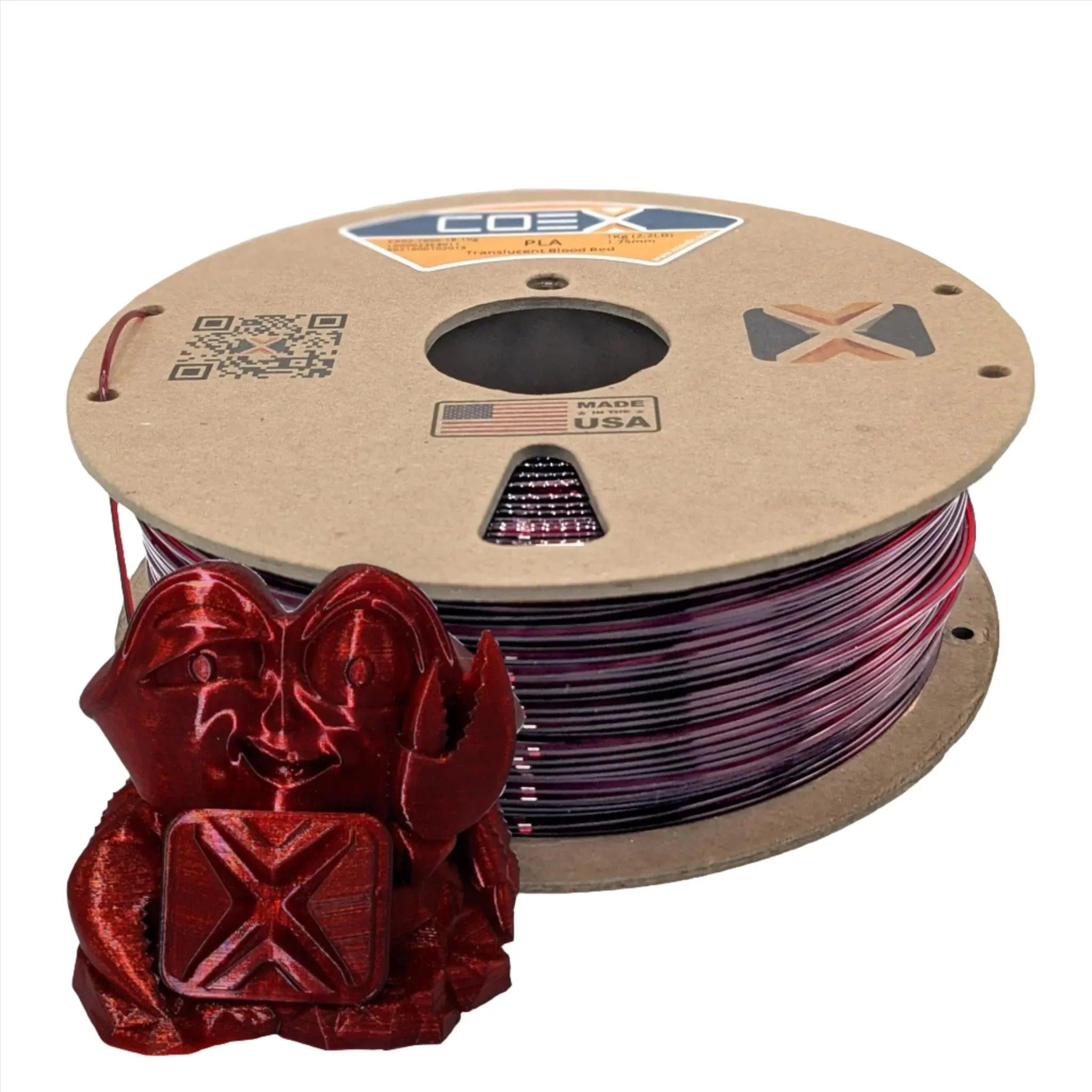 Translucent blood red PLA 3D printer filament spool with crab figurine