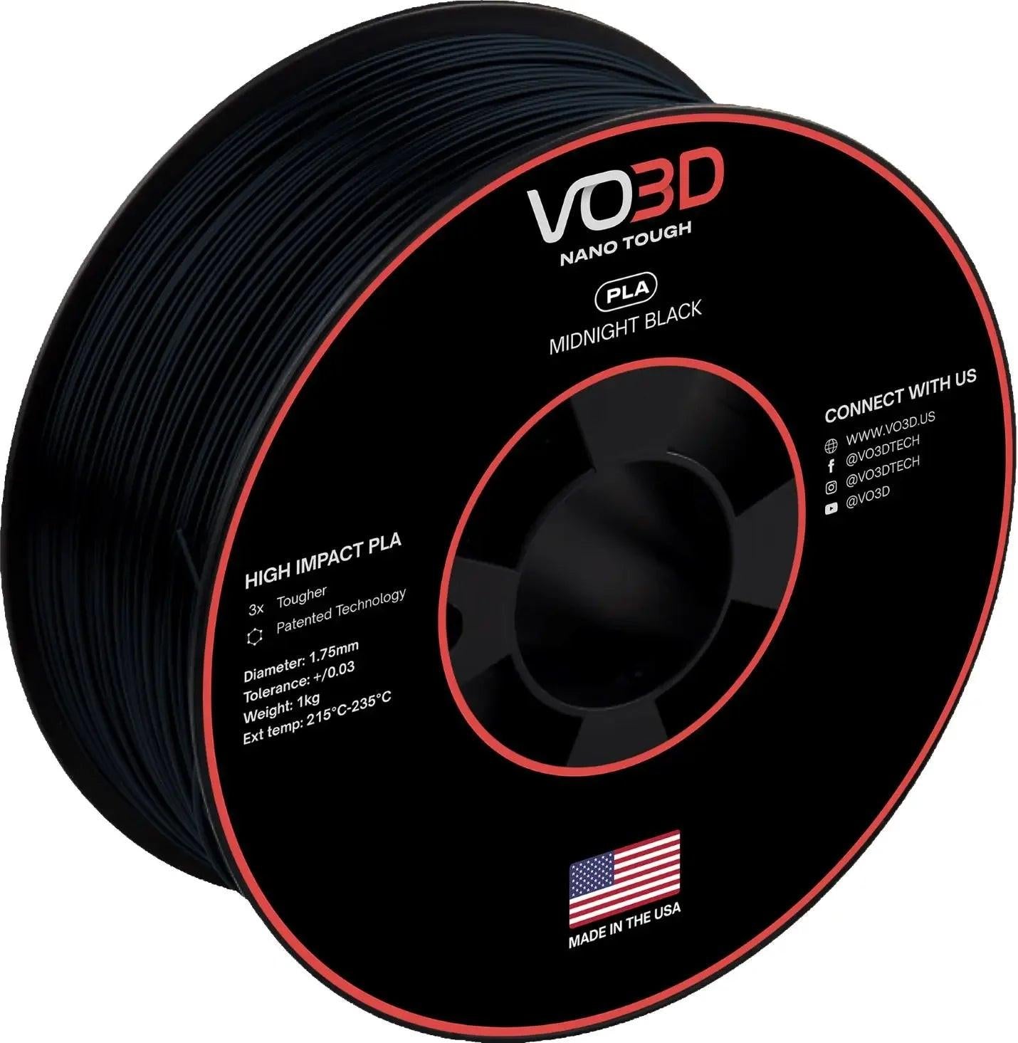VO3D High Impact PLA Midnight Black 3D printer filament spool, 1.75mm, made in USA