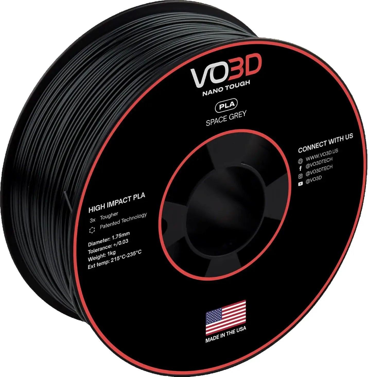 VO3D High Impact PLA filament spool in space grey for 3D printers, 1.75mm, made in USA