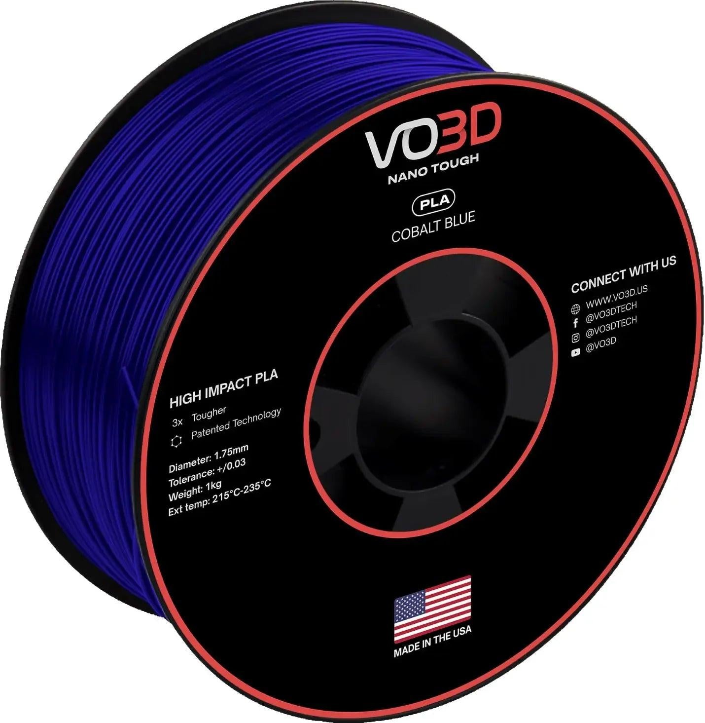 VO3D High Impact PLA cobalt blue 3D printer filament spool with USA flag label