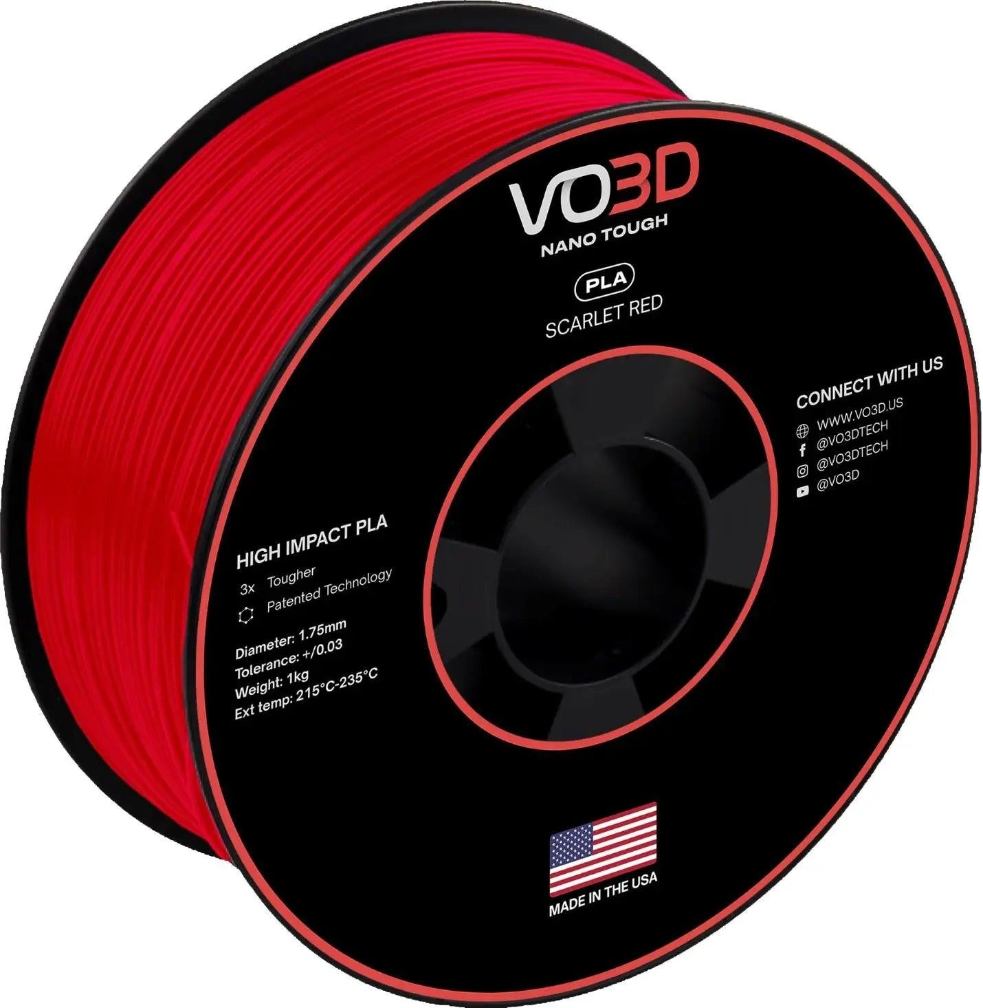 VO3D High Impact PLA 3D printer filament spool in scarlet red, 1.75mm, made in USA