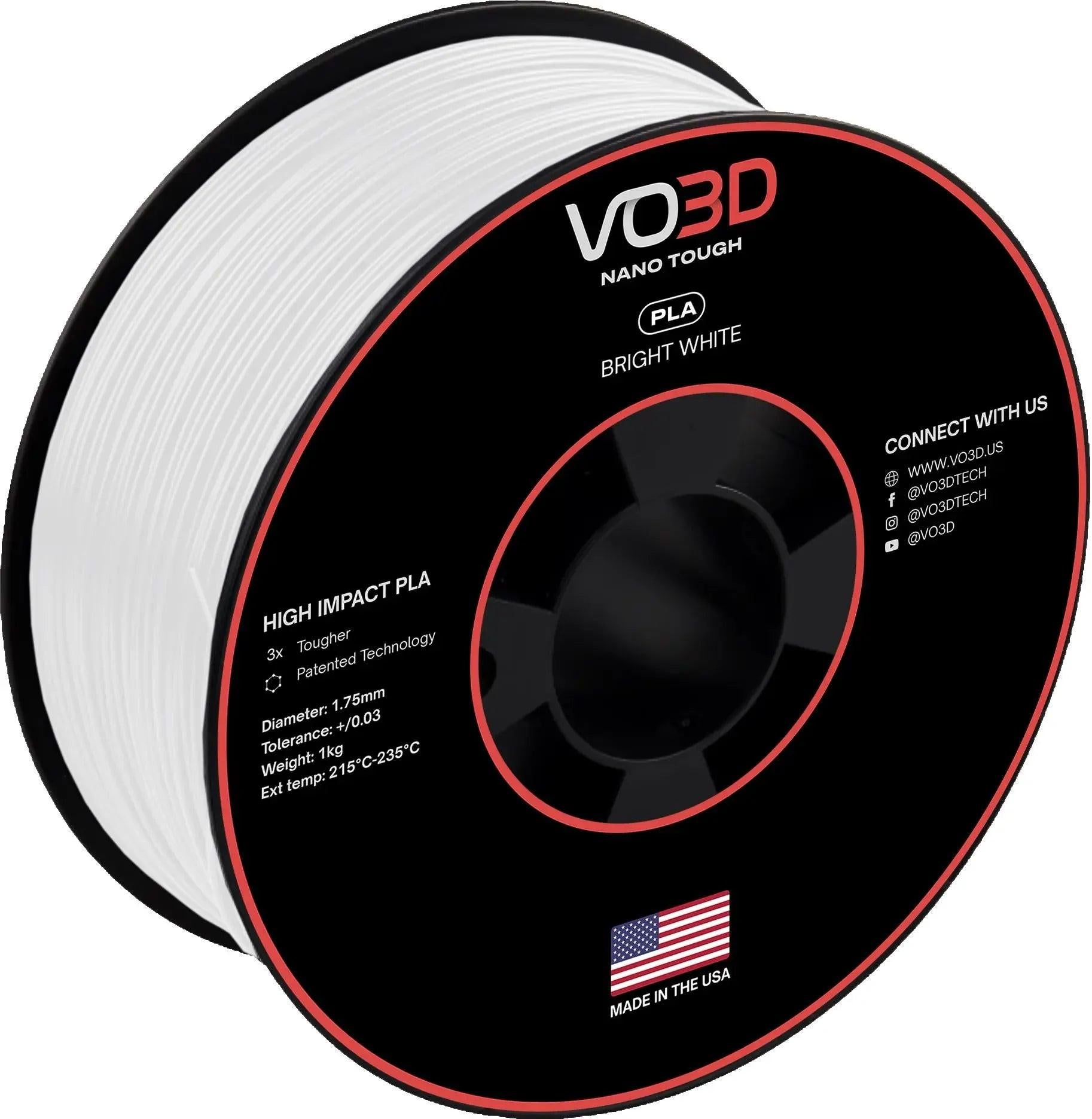 VO3D high impact PLA 3D printer filament spool, bright white, 1.75mm, made in USA