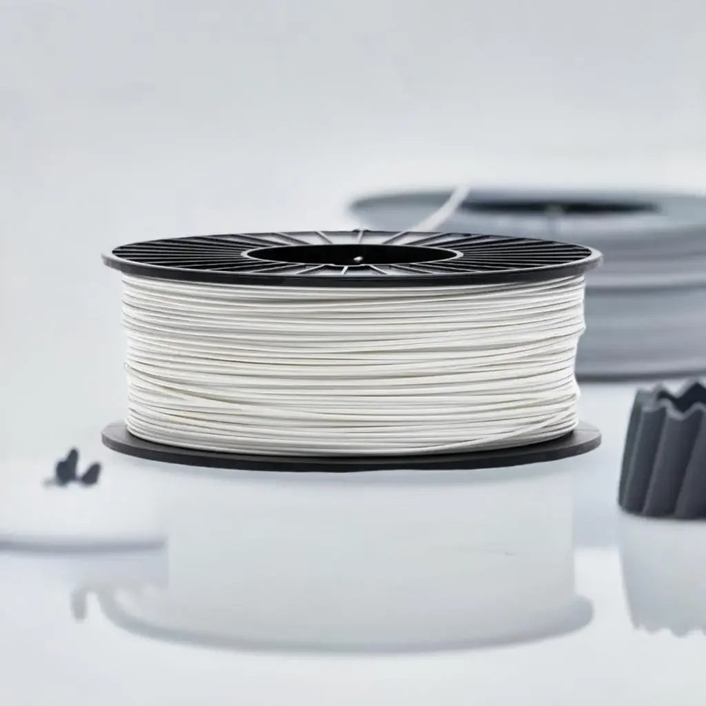 White 3D printer filament spool on a reflective surface with blurred background