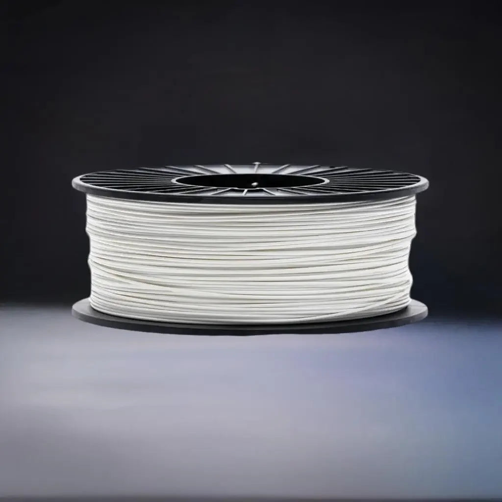 White TPE 3D printer filament spool on a black background, CoexFlex 60D material