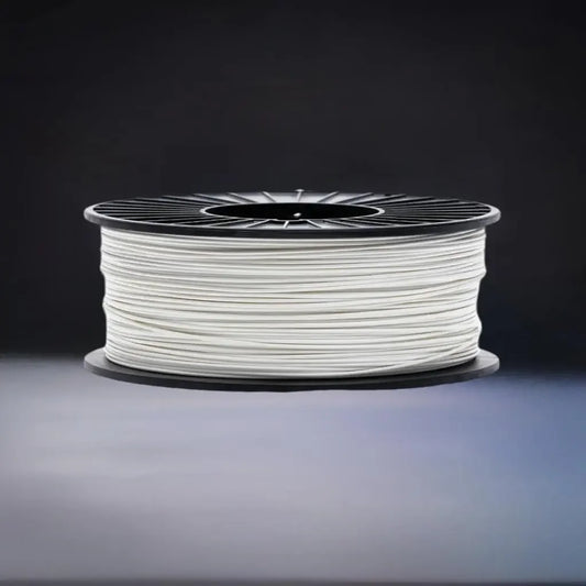 White TPE 3D printer filament spool on a black background, CoexFlex 60D material