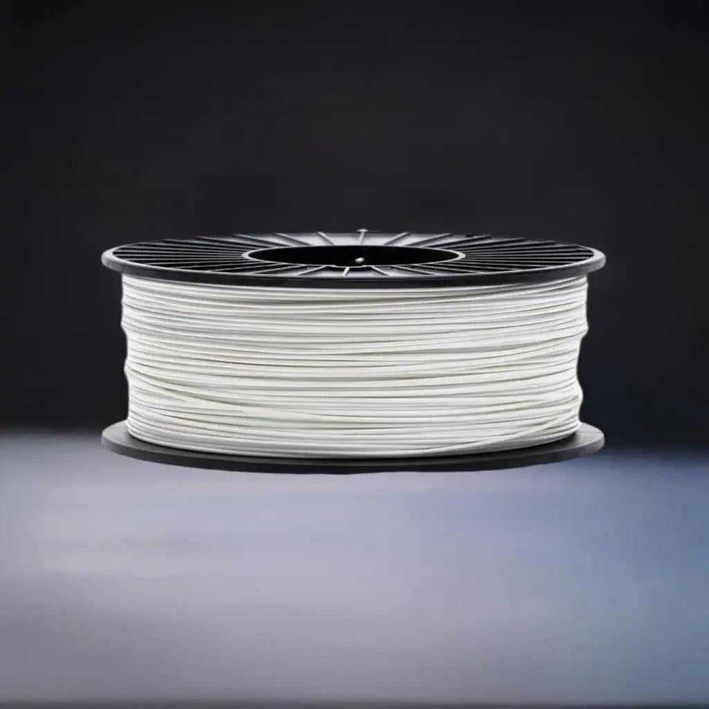 White TPE 3D printer filament spool on a black background, CoexFlex 60D material