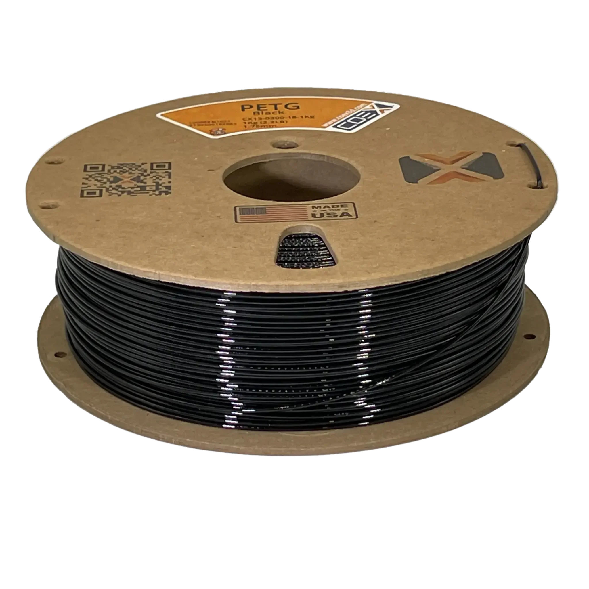 Black PETG 3D printer filament spool with cardboard reel and product label