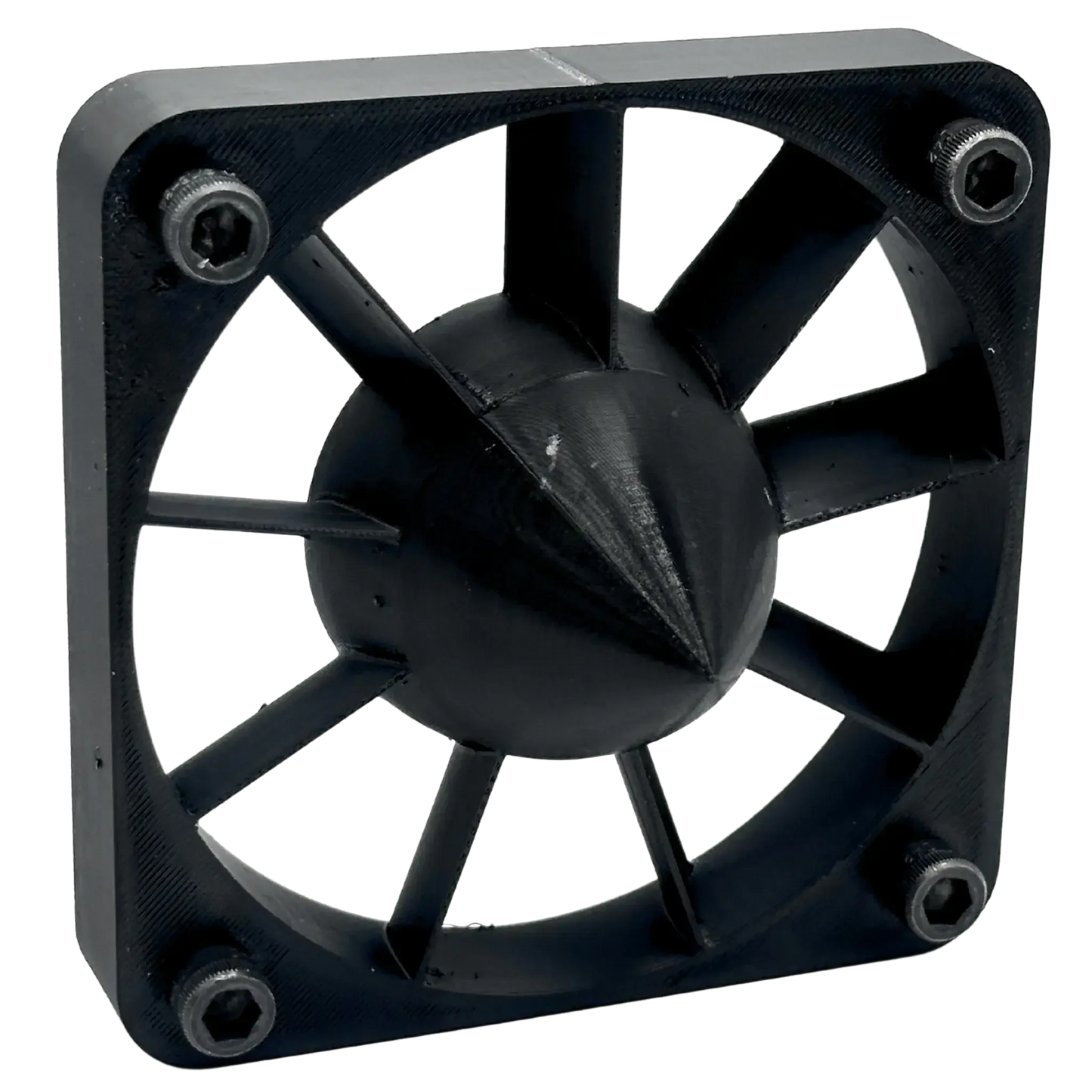 Black 3D printed cooling fan grill with screws, square frame, and pointed center hub