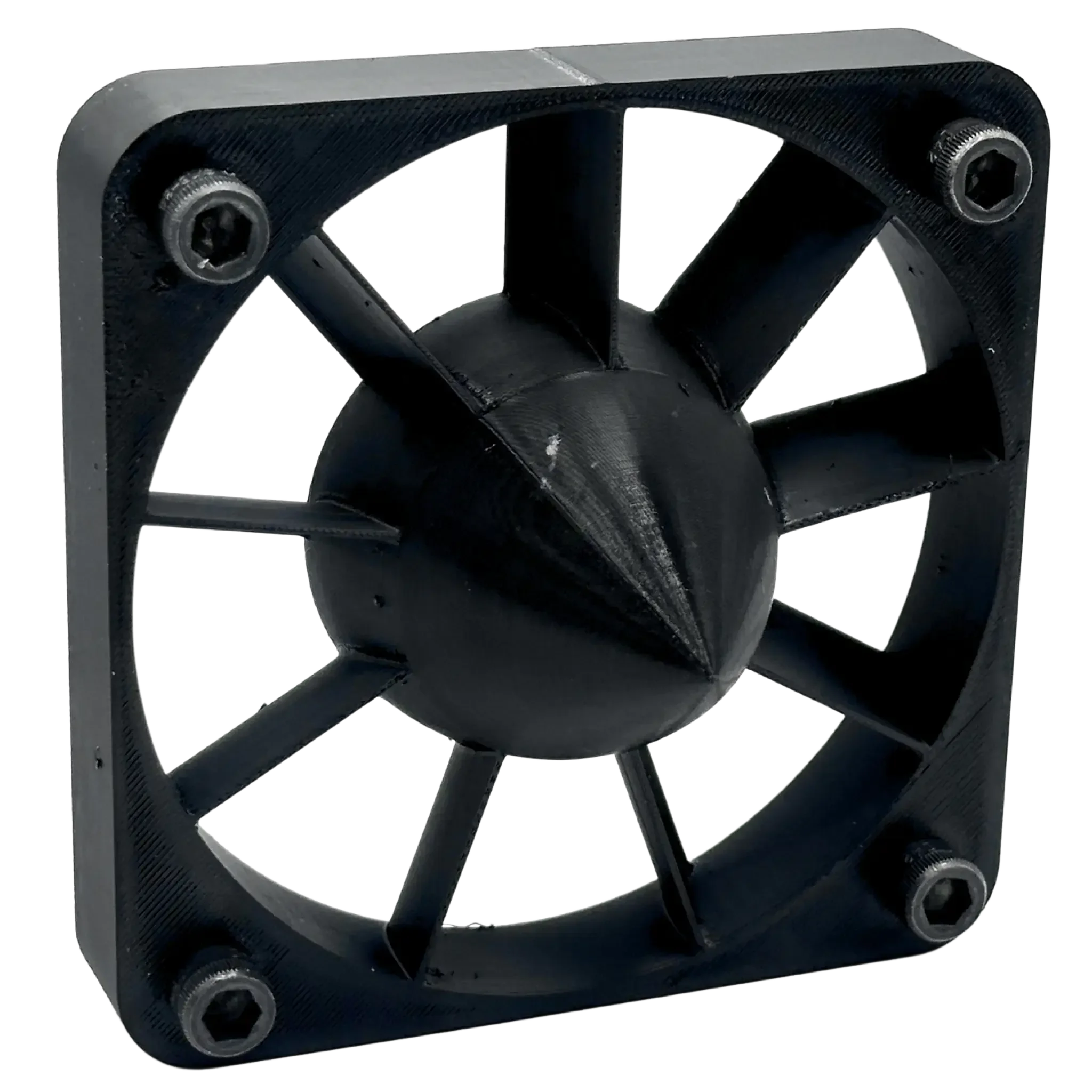 Black 3D printed cooling fan grill with screws, square frame, and pointed center hub
