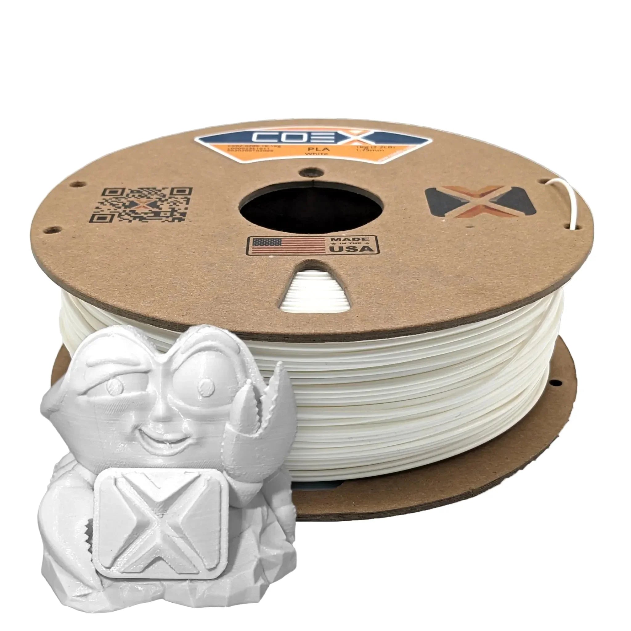 White PLA 3D printer filament spool with a small white 3D printed mascot figure in front