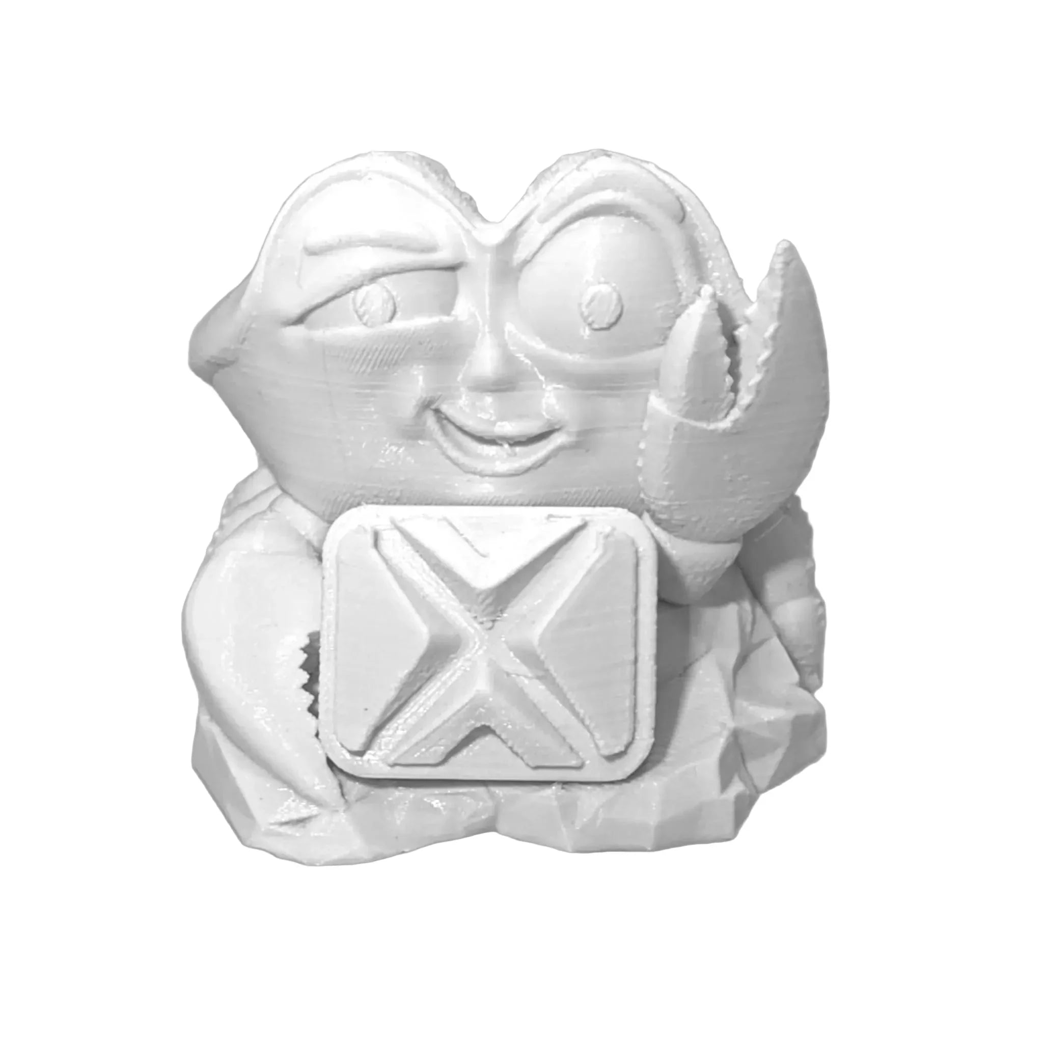 White 3D printed crab figurine made with PLA Prime filament on white background