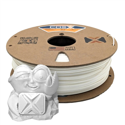White PLA 3D printer filament spool with a small white 3D printed figurine in front