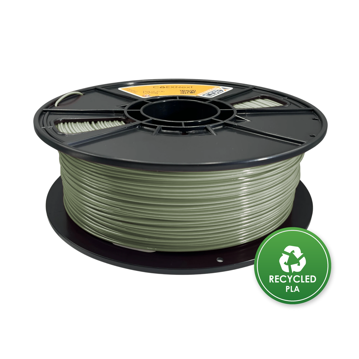 C♻EXNext recycled PLA filament on a black COEX 3D spool