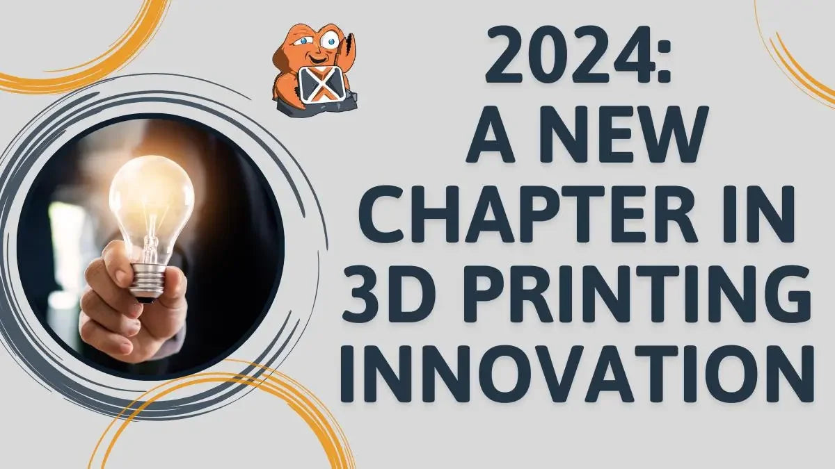 Hand holding light bulb, 2024 a new chapter in 3D printing innovation text graphic